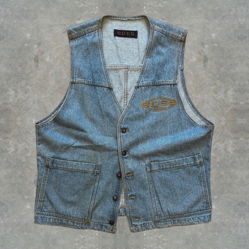 Vintage 90's Boss Jeans Embroidered Logo Button Down Denim Vest Men's Large